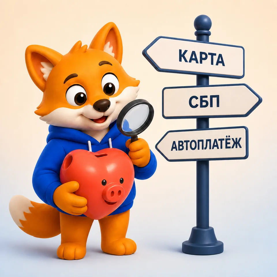 Маскот Кэшлиса сверяет реквизиты у развилки способов пожертвования